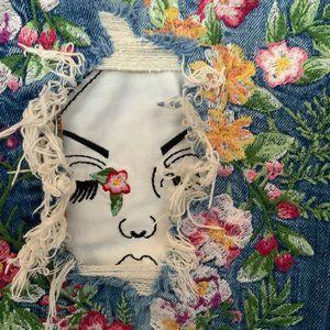 Zara Slim Boyfriend Moonflower Embroidered Jeans Face Portrait Distressed US 4